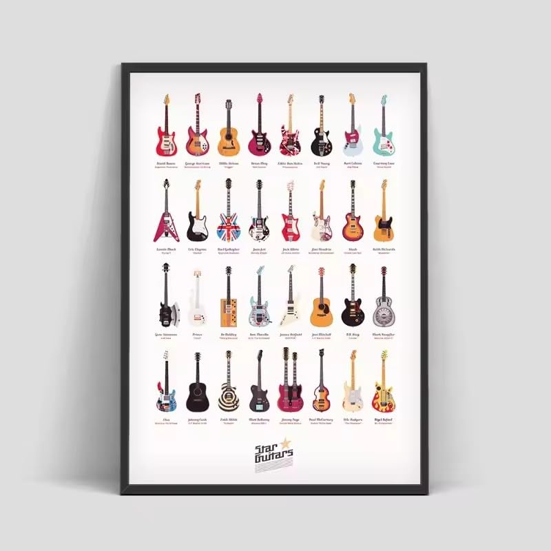 BMGKYAGL Poster di chitarre famose, strumenti musicali, dipinti su tela, musica retrò, rock, arte murale per soggiorno, arredamento per la casa (60x90 cm/cornice interna)