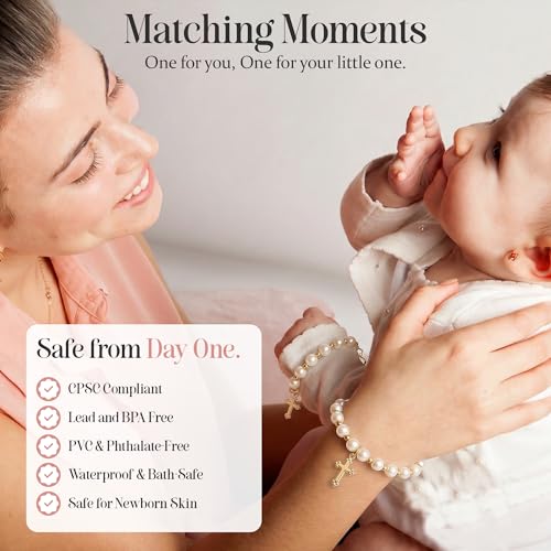 Image of Crystal Dream Christening 14KT Gold-Filled Beads | Cream European Simulated Pearls | Cross Charm Luxury Baby Bracelet | Baptism Unisex Child Bracelet