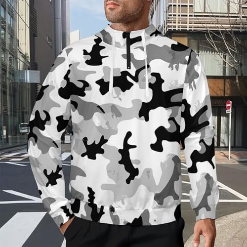 Military Camouflage Black And White Hunting Men's Quarter Zip Drawstring Hoodies Long Sleeve Sweatshirt Casual Pullover2