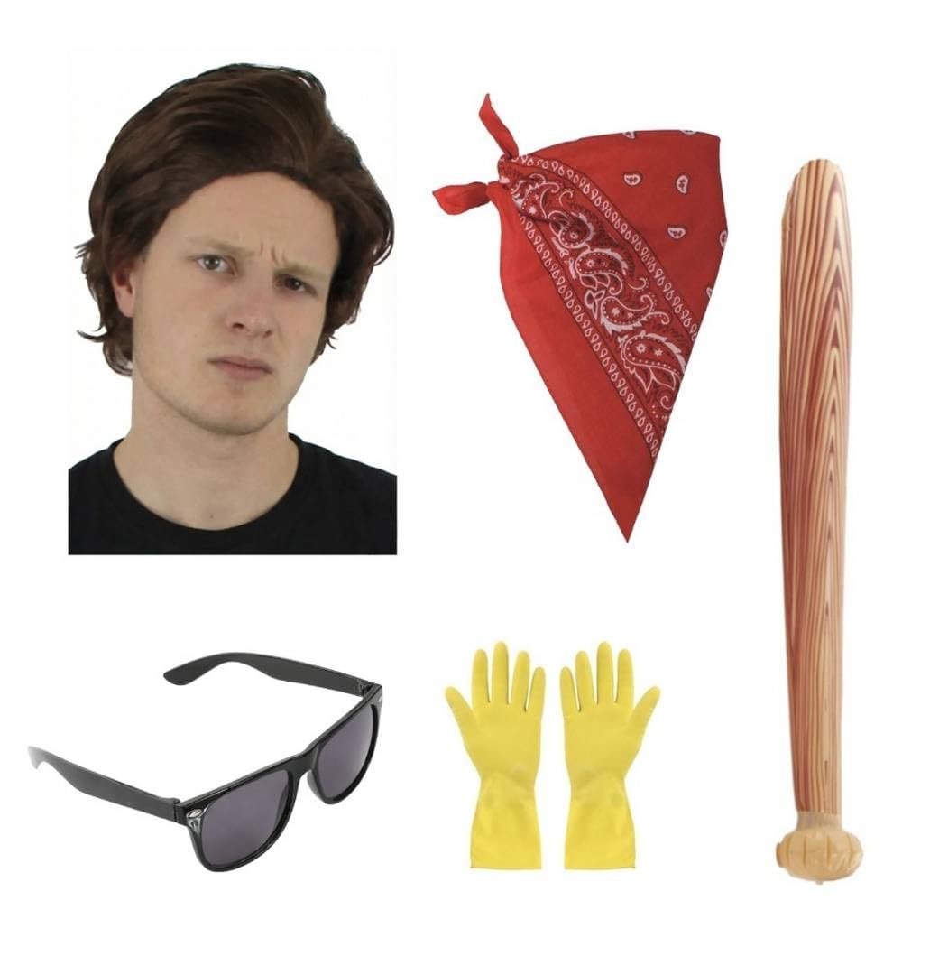 80s Adults Stranger Steve Accessory Set - 5-Piece Costume Brown Wig, Red Paisley Bandana, Black Sunglasses, Yellow Gloves & Inflatable Bat - Halloween & Retro Parties - Adults Fancy Dress Costume