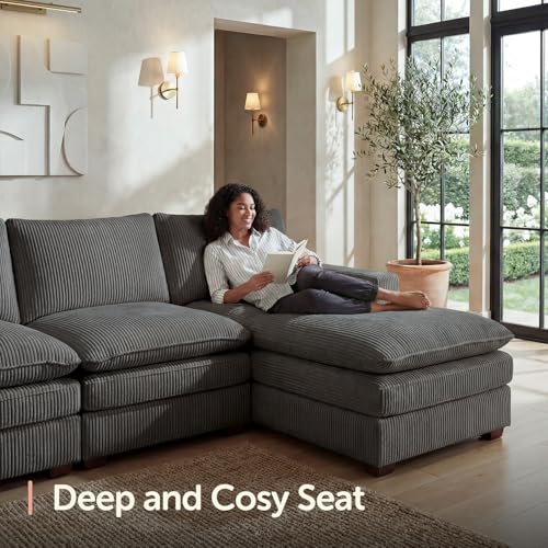 Image of HONBAY 127.2 Inch Corduroy Cloud Modular Sectional Sofa with Chaise, Deep Seat U-Shaped Couch with Storage for Living Room, Apartment, Small Space,Grey