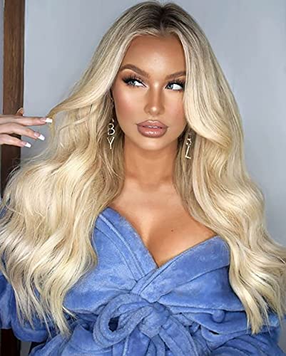 WIGER Ombre Wig Blonde Hair Long Natrual Wavy Middle Part Synthetic Hair Wigs 2 Tones Dark Roots to Blonde Daily Party Cosplay Full Wigs for Women