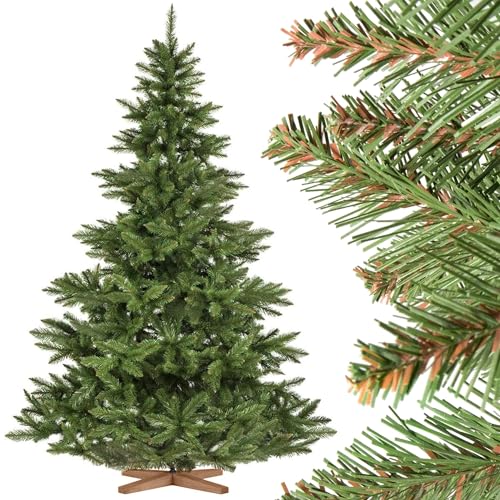 FairyTrees Abete Nordmann, Tronco Verde, Albero di Natale Artificiale, PVC, Supporto in Legno, 220cm