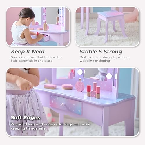 Image of Teamson Kids Gisele Medium Vanity with Stool, Purple, Ages 3+ | Stardust Print, LED Lights & Touch Sensor Mirror, Storage Drawer, Pretend Play, Elegant Dressing Table Set