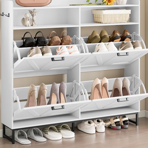Image of BORNOON Shoe Cabinet with 4 Flip Drawers Narrow Shoe Storage Cabinet Organizer Wooden Freestanding Shoe Rack Hidden Slim Shoes Storage Cabinet for Entryway, Hallway, Living Room, Bedroom