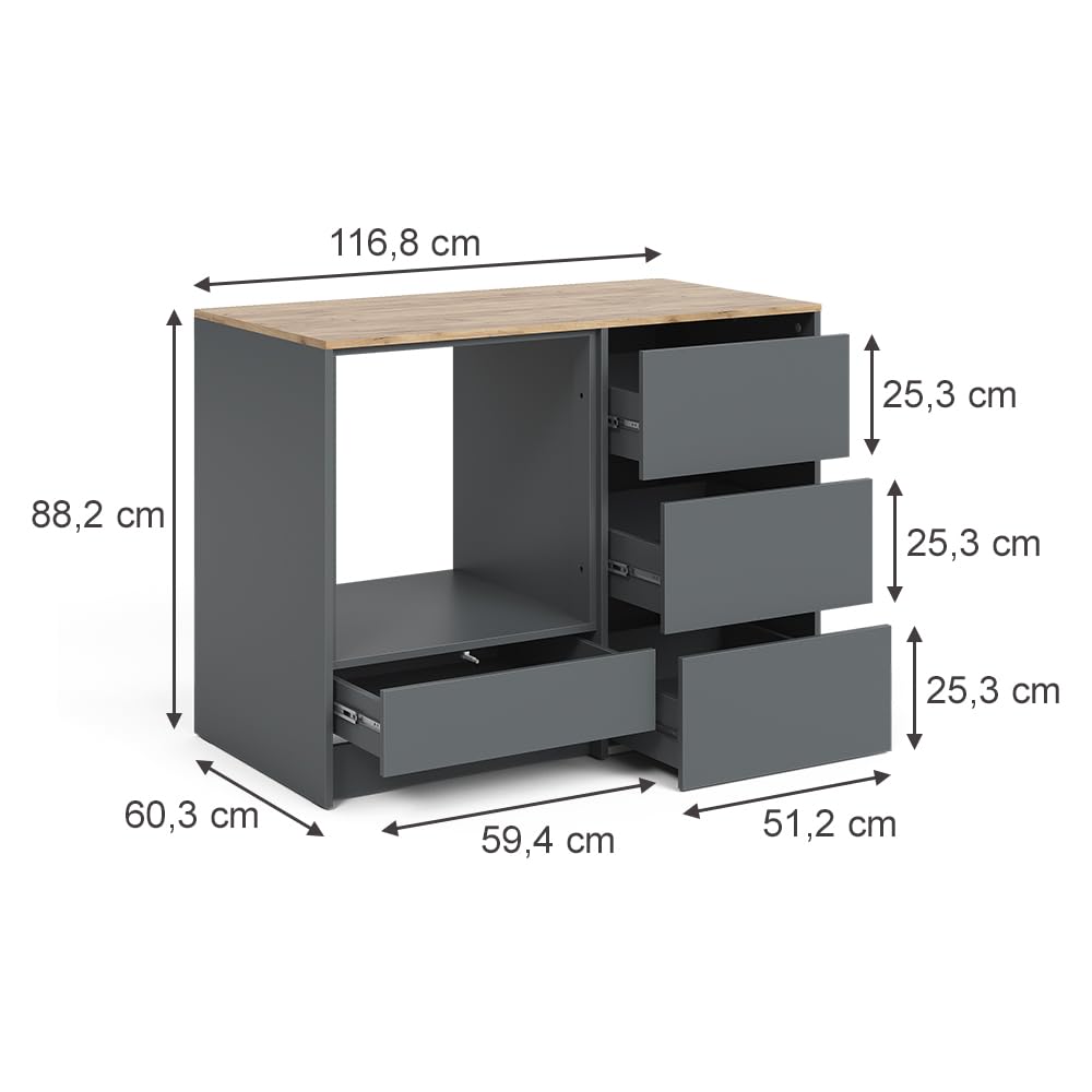 Vicco Mobile per forno Viktor, Antracite/Rovere dorato, 116.8 cm con 4 pratici cassetti