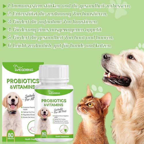 Probiotika Hund, Probiotika Katze, Darmflora Aufbauen Hund und Katzen, 80 Tabletten, Vitamin A, Vitamin B1, Vitamin B2, Fördert Die Verdauungsgesundheit und Beugt Fettleibigkeit Vor, Katzen und Hunde