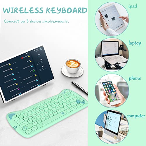 ZIYOU LANG 3060i Wireless Cute Computer Keyboard 80% Percent Lovely Cat Retro Silent Slim Bluetooth Keyboard with Typewriter Round Matte Texture Keycap Multi Device Connection for PC Laptop Mac-Green - Image 2