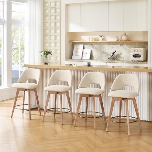 Image of Zesthouse Swivel Bar Stools Set of 4, Wooden Counter Height Chair | Mid century antique solid wood barstool, low back, upholstered beige linen fabric, 26 inch seat height for kitchen counter island