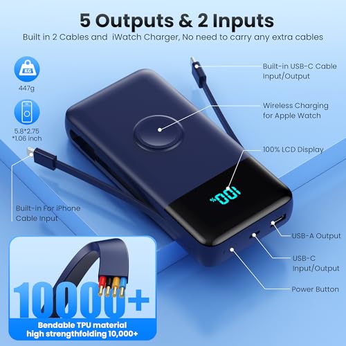 Image of Portable Charger Power Bank 40800mAh with Built-in Cables,25W Fast Phone Charging Portable Battery Pack,5 Outputs Travel Essentials Outdoor External Battery for iPhone 17 /16,Galaxy Android etc-Blue