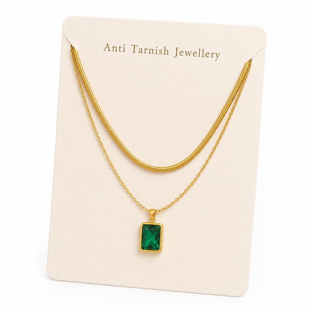 18K Gold Plated Layered Necklace for Women | Anti Tarnish Waterproof Double Layer Snake Chain & Emerald Green Crystal Pendant Necklace | Minimalist Luxury Layering Jewelry for Women & Girls | Gift for Wife Girlfriend Mother Sister Daughter | Festival Jewelry (Layered Green Necklace)-image-27