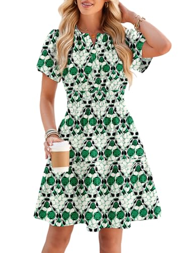 Image of Duigluw Dresses for Women 2025 Casual Summer Short Sleeve V Neck Beach Mini A-Line Ruffle Flowy Dress