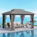 SUNSHINE VALLEY 10x13' Outdoor Patio Gazebo Wood Look, Canopy Tent with Heavy-Duty Metal Frame, Screened Gazebo with Dual Roof & Curtains, Patio Canopy with Mosquito Netting for Backyard, Dark Grey