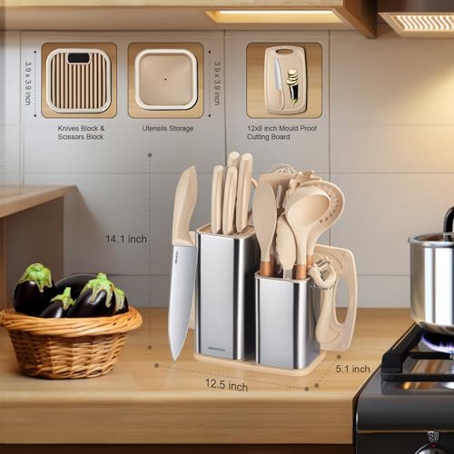 Image of RAXCO Kitchen Set,18-Piece Silicone Cooking Utensils and Stainless Steel Chef's Knives,Khaki (Khiki)