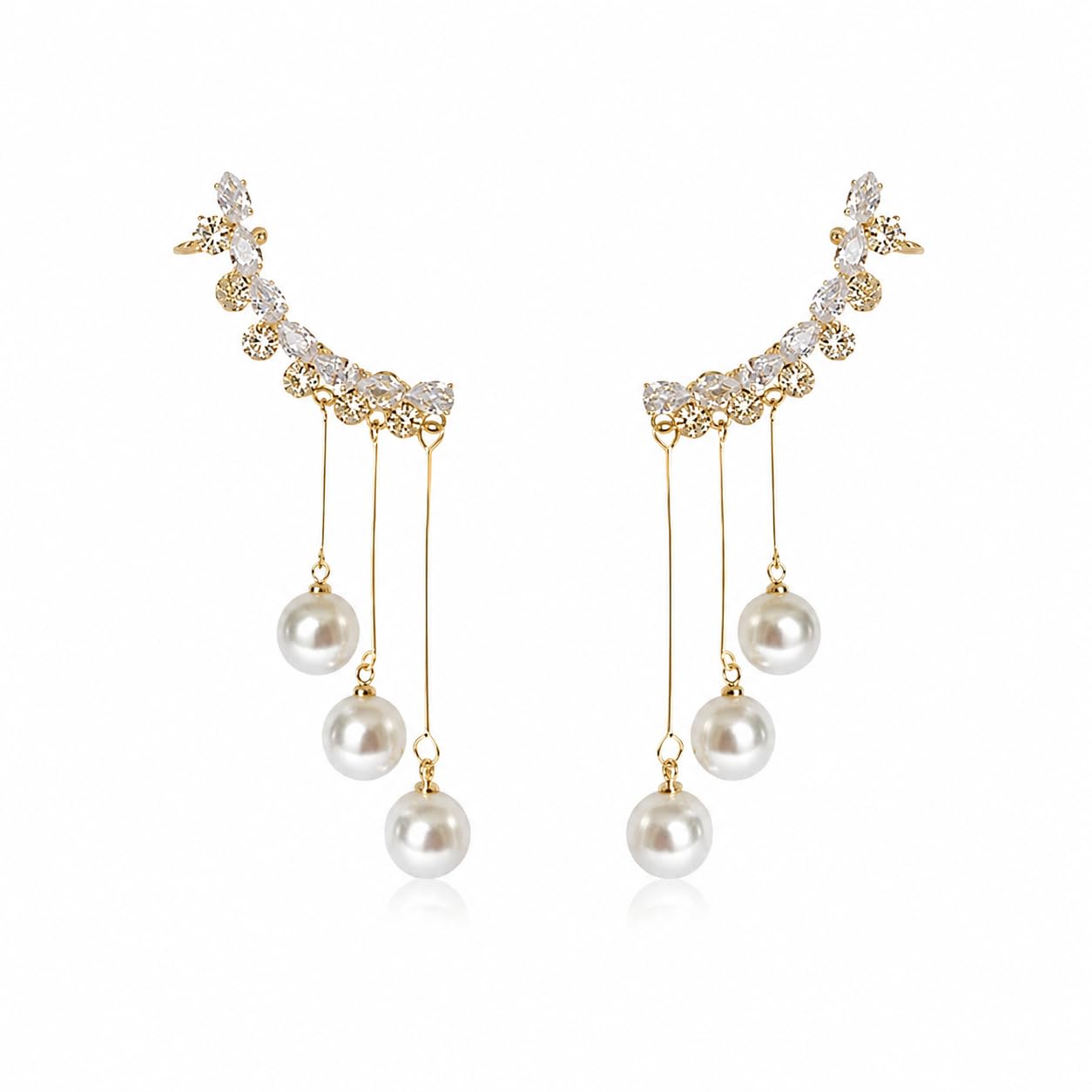 Crystal Pearl Ear Cuff Earrings for Women & Girls | Gold Plated Ear Climber Earrings with Premium Crystals & Faux Pearl Drops | Lightweight Party, Wedding & Festive Jewellery Gift