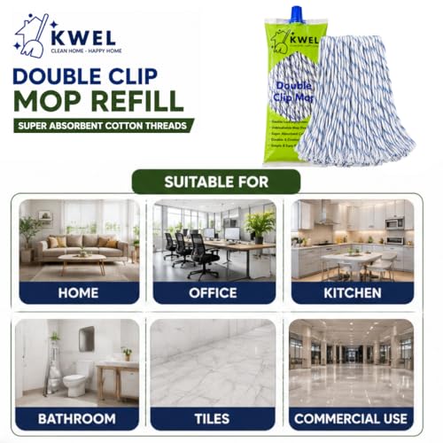 Image of KWEL Double Clip Cotton Mop Heavd 6 Inch, 300 GM | Super Absorbent Wet Mop Head Refill for Home, Office & Kitchen Cleaning | Durable Cotton Threads | Pack of 1(Blue & White)