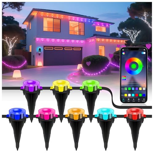 Image of Led Outdoor Ground Lights, Permanent Outdoor Lights for House with RGB Color Changing, Bluetooth Music Sync, IP67 Waterproof, Timer for Eaves Swimming Pool, Beach, Grassland (200 FT)
