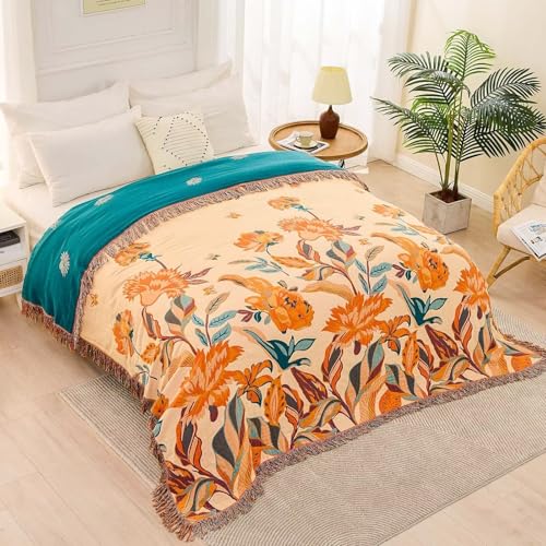 Image of XIBLC Boho Throw Blanket for Bed, 100% Cotton Soft Rustic Quilt Fall Blanket, 60 inchx80 inch Floral Printed Farmhouse Decor Bed Blankets, All Season Rustic Reversible Bohemian Throw Quilt