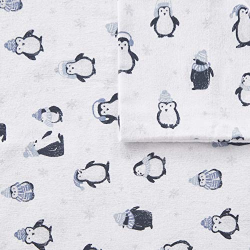 Image of Intelligent Design Cozy Soft 100% Cotton Flannel Print Animals Stars Cute Warm, Ultra Soft Cold Weather Sheet Set Bedding, Twin, Blue Penguins 3 Piece