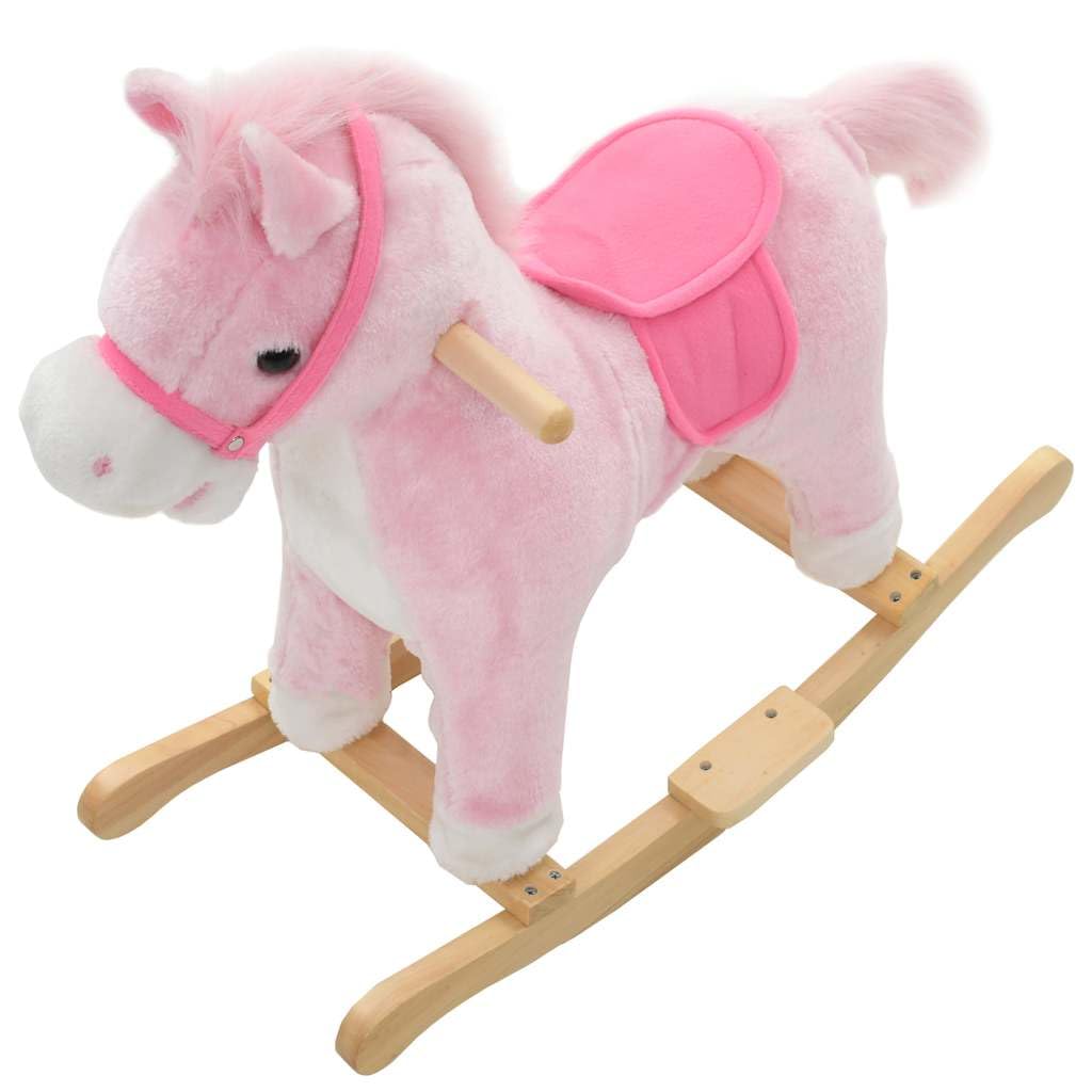 Schaukeltier Pferd für Kinder Plüsch Schaukelpferd mit Holzsockel und Sicherheitsrahmen Rosa 65x32x58 cm