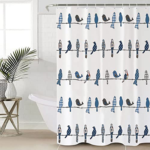 Shower Curtain, Waterproof Shower Curtain Liner, Grey Blue Buffalo Plaid And Daisy Bird Shower Curtains For Bathroom, Showers Stall & Clawfoot Tub, 72X84 Inch Polyester Fabric Shower Curtain Set #TOP3
