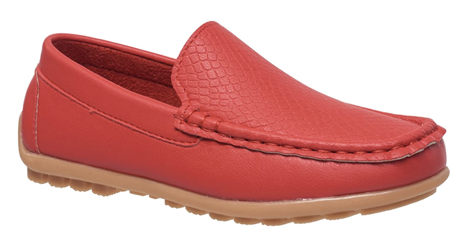 CoXistKids Toddlers Boys Girls Leather Slip On Loafers Moccasin Boat Dress Shoes, Red, 12 Little Kid