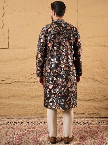 Image of Men's Black Silk Blended Solid Embroidered Long Kurta | Men's Kurtas | Embroidered Kurta's for Men | Straight Fit Kurta for Men