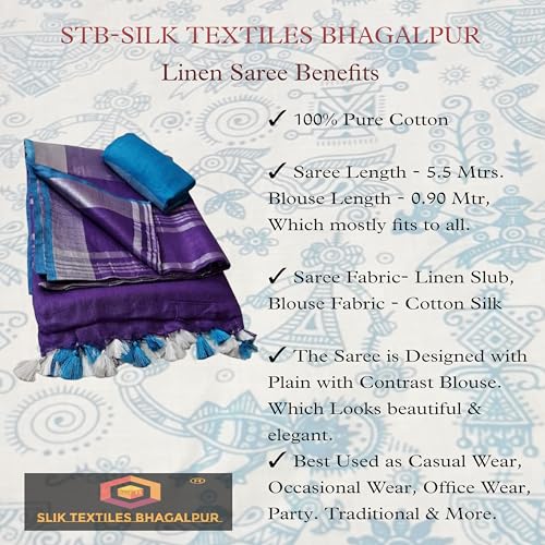 Image of STB-SILK TEXTILES BHAGALPUR Women's Linen Slub Saree With Contrast Blouse Piece