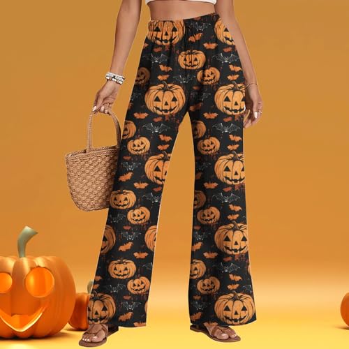 Halloween Pants for Women Funny Cute Pumpkin Ghost Print Casual Trousers Fall Holiday Wide Legs Pants Drawstring3