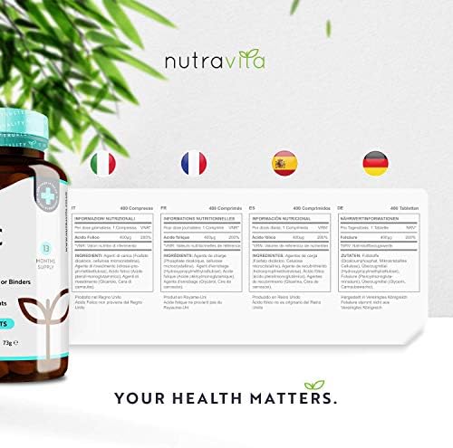 Folic Acid Tablets 400 mcg - 400 Vegan Vitamin B9 Tablets - 13 Month Supply - Pregnancy Care - Normal Function of Immune System & Maternal Tissue Growth During Pregnancy - Made in The UK by Nutravita