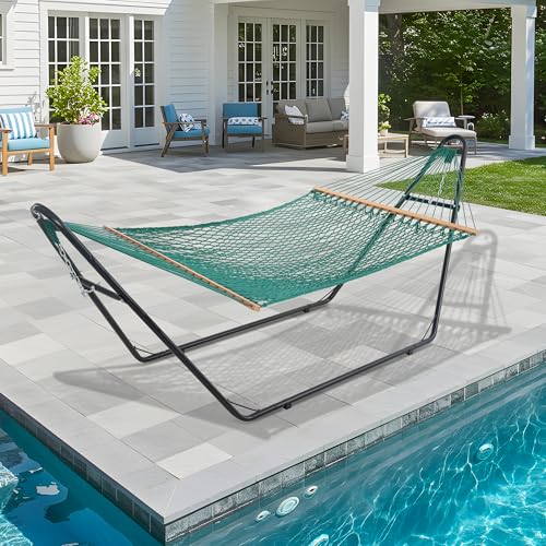 Image of Lazy Daze Hammocks 12FT Double Rope Hammocks, 2 Person Hand Woven Cotton Hammock with Spreader Bar for Outside, Patio, Poolside, FIT 13-15 FT Stand, Max 450 Lbs, Green, 141 x 57 inches