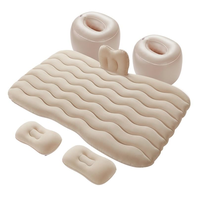 ONEMAJI 1 Pieza Colchón Inflable para Coche para Citroen C-Elysee C4 C5 C6 C4L Berlingo C-Crosser Portátil Cama de Camping con Almohadas y Bomba de Aire Asiento Trasero Viaje,Beige