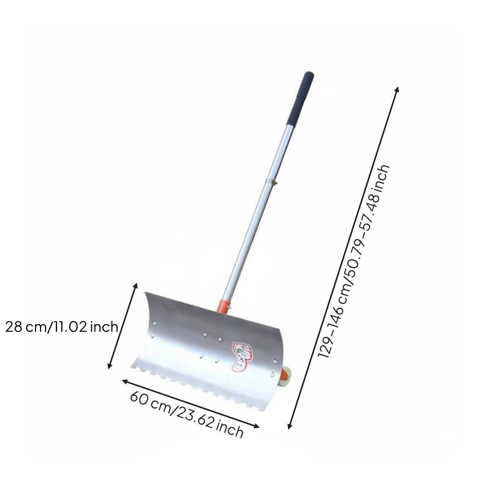 Pala Nieve Pala Empujador Herramienta Construcción de Acero Inoxidable Resistente y Dentada Mango Ajustable y Ruedas, Pala De Nieve con Borde Dentado, 60 Cm, Mango Único