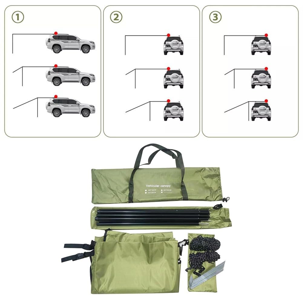 Auvent latéral de voiture, 300 x 150 cm, 210D Oxford imperméable, tente de toit pour camping, vert kaki, avec poteaux réglables et sac de transport