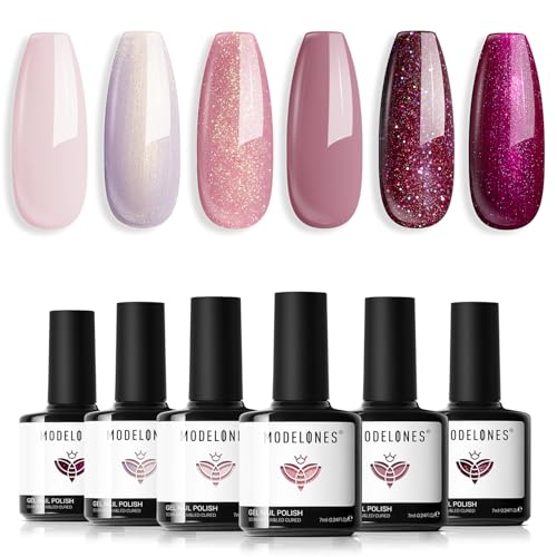 Image of modelones Gel Nail Polish Set, 6 colors 2026 Neutral Nude Pink Gel Polish Pearl White Burgundy Red Shimmer Peach Pink Galaxy Grape Purple Glitter Nail Polish DIY Nail Art Manicure Gift