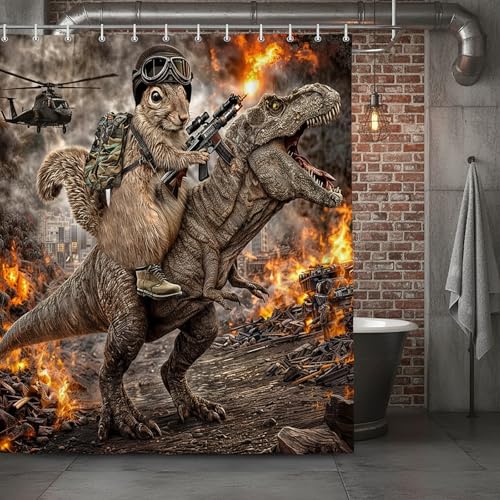 Image of Funny Squirrel Warrior Riding Dinosaur Shower Curtain, Waterproof Fabric Bath Curtain Set with Hooks, Funny Animal Shower Curtain for Kids Men Bathroom, 72X78 Inches