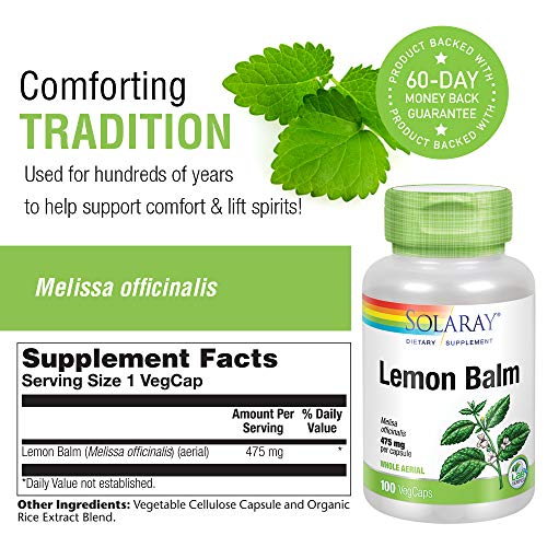 Solaray Lemon Balm Aerial 475Mg | Healthy Mental Calm & Relaxation And Rest Support | Whole Aerial For Full Nutrient Profile | Non-Gmo, Vegan | 100 Ct #TOP2