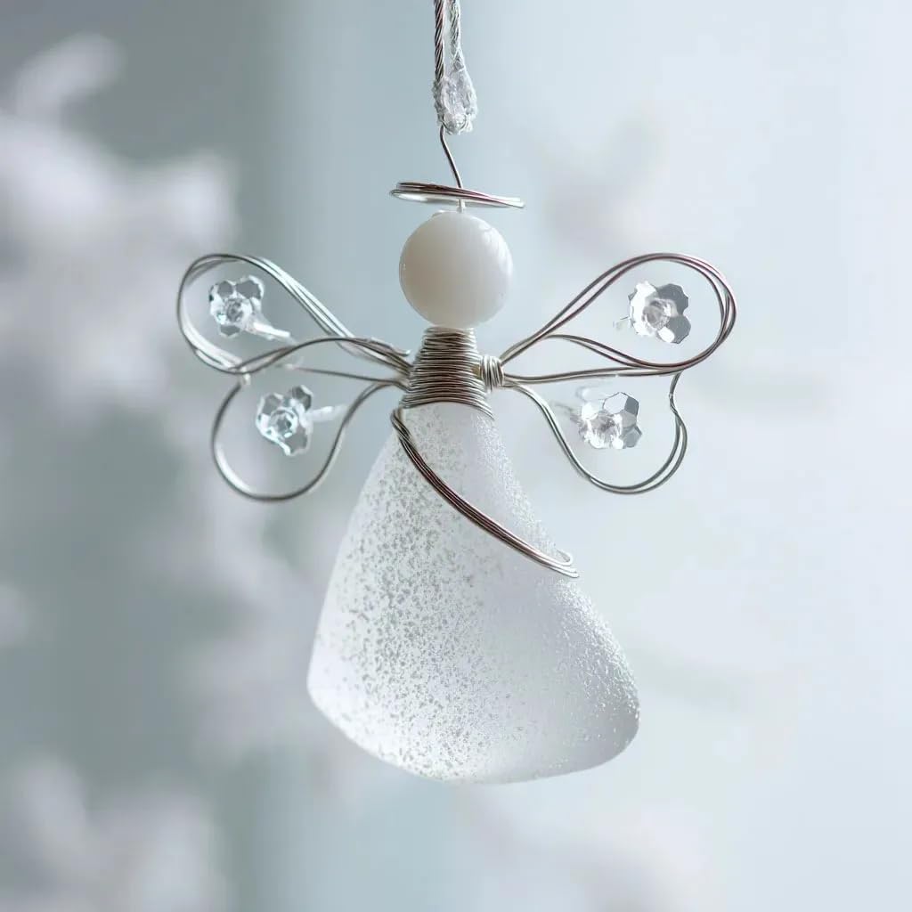 Generic Handmade Sea Glass Angel Ornament, Charming Coastal Christmas Sea Glass Ornaments, Silver Wire Wrapped Angel Christmas Decor with Rope, Xmas Holiday Home Decor Gift (White)