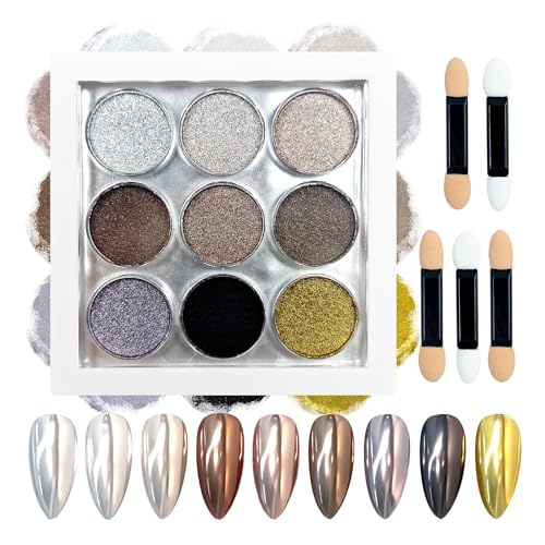 Image of 9 Colors Chrome Nail Powder Palette, Black Gold Brown Silver Metallic Mirror Holographic Chrome Powder for Nails, Fine Glitter Nail Art Decoration for Home DIY Salon Manicure Pigment, D