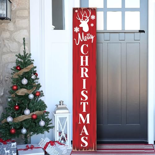 Merry Christmas Welcome Sign for Front Porch Standing Snowflake Elk Wooden Porch Sign for Xmas Front Door Decorations Rustic Farmhouse Red Hanging Signs Wall Sign for Christmas Decor 47.2H
