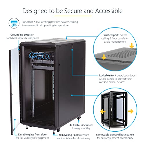 Image of StarTech 32U Enterprise-Grade Server Rack Cabinet, 19in Enclosed 4-Post Rack with 33in (83cm) Mounting Depth and 1764lb (800kg) Weight Capacity | 19in enclosed enterprise steel rack, Adjustable depth 5.7in-33in, Lockable vented doors, Casters & feet