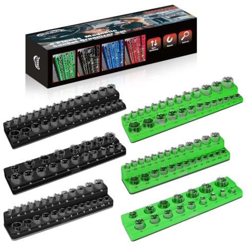 Image of GOOACC 6 PCS Magnetic Socket Organizer, Heavy Duty Socket Organizer Tray 1 /4 inch 3 /8 inch 1 /2 inch SAE Metric Drive Sockets Holds 143 Magnetic Socket Holder for Tool Box Drawer Chest Garage Storage, Black&Green