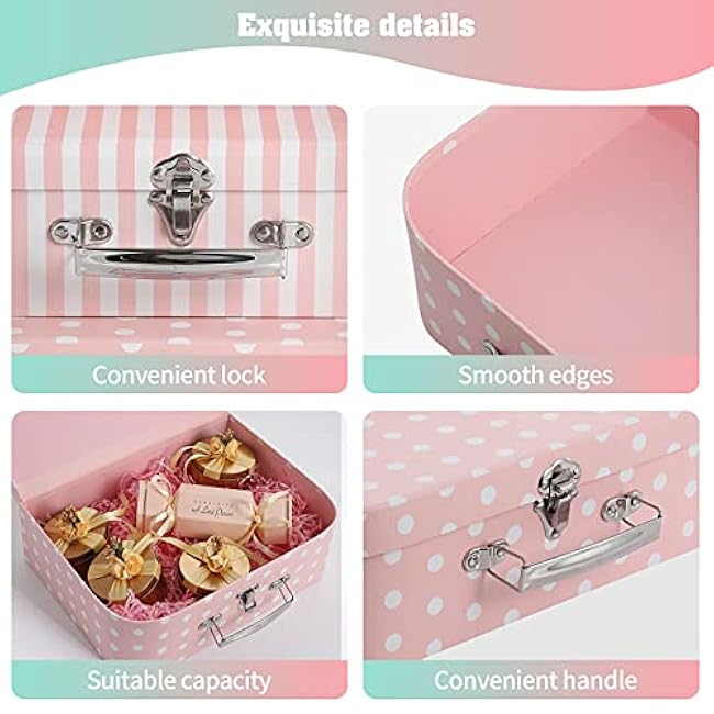 Set of 3 Paperboard Suitcases Storage Box Storage for Photo Storage Home Decoration, Wedding, Birthday, Anniversary and New Year Gift Decoration (3Pcs, Pink Dots and Stripes)