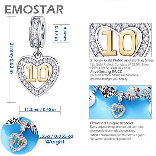 EMOSTAR 10 to 20 21 22 23 24 25 28 30 33 35 40 45 50 55 60 65 70 75 80 Birthday Charms fit European Anniversary Bracelet Necklace, Dangle 18K Golden Number Heart Pendant with CZ, for Women/Men3
