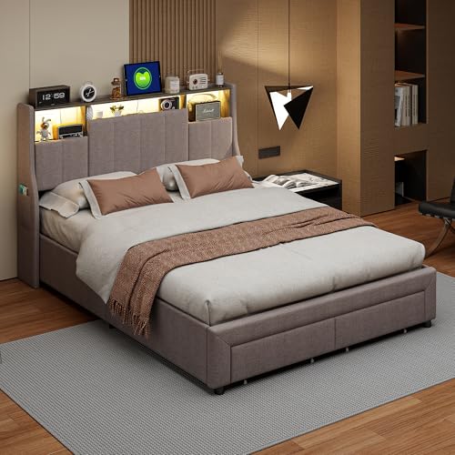 BRYXR Polsterbett 140x200 cm, Stylisches Doppelbett mit LED-Beleuchtung, USB-Anschlüssen und Stauraum, Elegantes Bett mit 2 Schubladen & Lattenrost in Grau, ohne Matratze