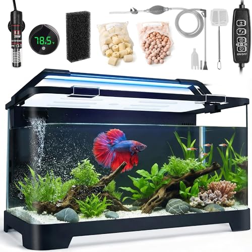 3.5 Gallon Aquarium Starter Kits, Betta Fish Tank with Heater, Digital Thermometer, Aquarium Light...