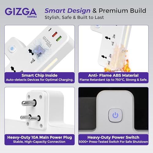 Image of Gizga essentials Power Extension Board: 3 Universal Sockets, 2 USB Ports & 1 Type-C, Surge Protector, Touch-Control Night Lamp, Child Safety, Flame-Retardant Housing, 10A Output, 250V