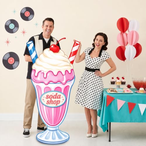 Image of Qunclay 4 ft 1950s Soda Shop Cardboard Cutout Retro Milkshake Cutout Decoration Life Size Photo Booth Prop Stand up 3D Display Backdrop for 50s Diner Sock Hop Rock and Roll Party Decorations