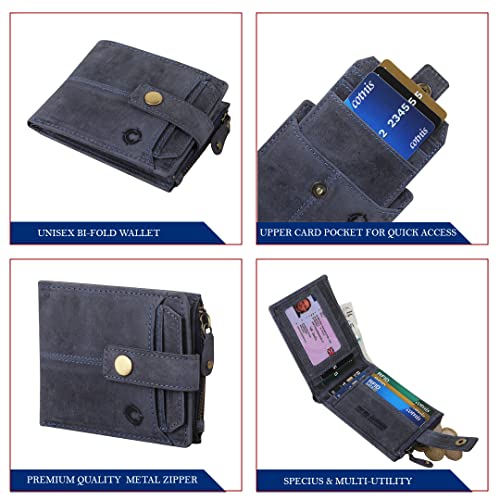 Image of Zipper Real Leather Wallet for Men RFID Blocking Designer Genuine Leather Handcrafted Front Pocket Full Grain Leather Wallet Gift for Men (Blue Hunter)