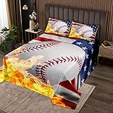 Homemissing Colcha acolchada de béisbol para niños y niñas, juego de edredón con la bandera americana para juegos de béisbol y deportes, color azul, rojo, blanco, estrella, transpirable, tamaño